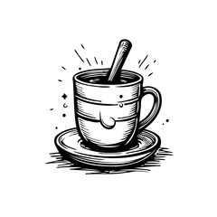Stylized coffee cup on saucer illustration showcasing simple line art and radiating energy with a