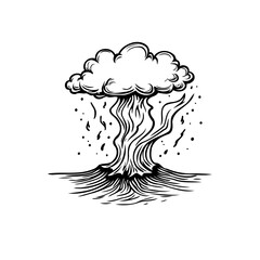 Stylized depiction of volcanic eruption spewing billowing cloud drawing imagination of earth's raw