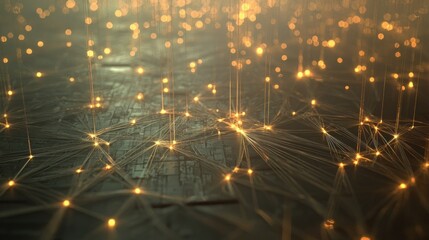 Golden network connections glowing on dark surface.