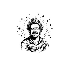 Stylized portrait of a relaxed man with radiant aura in monochrome art with positive energy showing