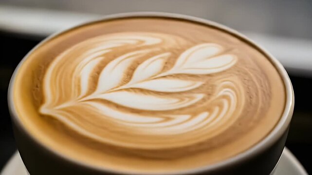 Close-up of latte art in a white cup, displaying a delicate floral pattern design