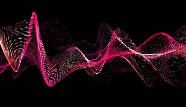 Abstract wave forms with glowing, vibrant pink and red lines and dots on a black background