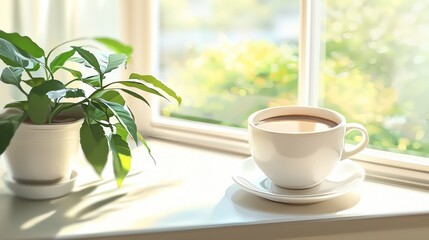 Coffee cup and plant on sunny windowsill.