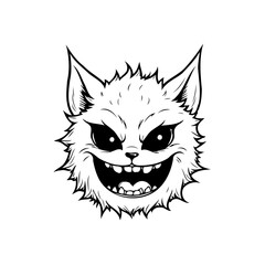 Whimsical feline creature with a mischievous grin depicted in a stylized black and white drawing