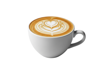 A perfectly prepared flat white coffee in a classic white ceramic cup with delicate heart latte art on a seamless transparent studio background, bright commercial product concept