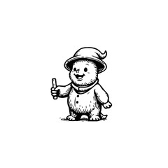 Whimsical fuzzy creature celebrating with a diminutive wand and adorable grin illustration and