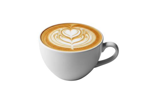 A perfectly prepared flat white coffee in a classic white ceramic cup with delicate heart latte art on a seamless transparent studio background, bright commercial product concept