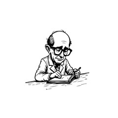 Whimsical illustration portraying an elderly gentleman thoughtfully writing in a notebook with