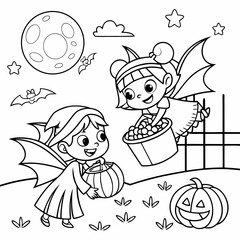 Halloween wishes with little fairy girls and funny halloween elements vector illustration of coloring page black and white