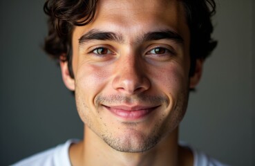 Fototapeta premium Smiling young man with dark hair and clear skin looking directly at the camera