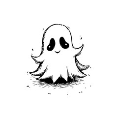 Whimsical monochromatic illustration of a friendly cartoon ghost with endearing eyes and playful