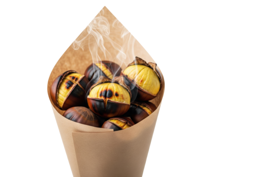 PNG cut out isolated background. A studio photograph of hot, steaming roasted chestnuts spilling from a brown paper cone.