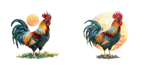 rooster crowing at sunrise watercolor vector illustration