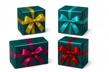 Teal gift boxes adorned with vibrant ribbons, highlighting festive celebration design and decorative holiday packaging