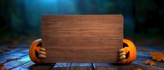 Spooky halloween skeleton holding blank wooden sign. Eerie cranium figure carrying empty timber placard for fright night celebration autumnal holiday concept macabre theme spooky