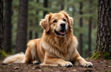 Golden retriever lying on forest ground with trees in background and a happy expression