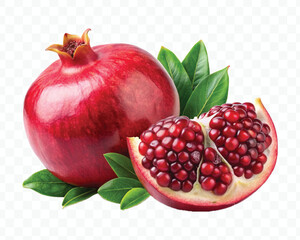 fresh pomegranate with slice and  leaves in different style isolated on transparent background