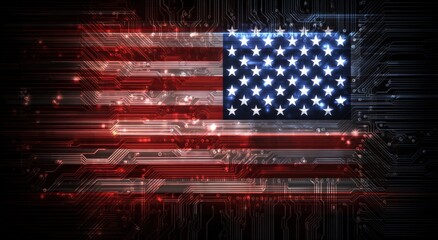 USA flag overlaid on circuit board