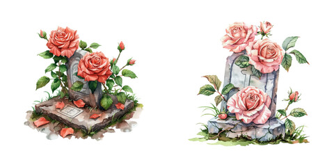 roses on gravestone watercolor vector illustration