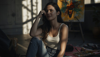 A young woman sits in a sunlit studio with her artwork.
