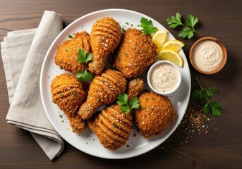Crispy Fried Chicken Drumsticks on White Plate with Dipping Sauce, Flat Lay, Golden Brown