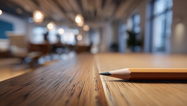 Close-up pencil on wooden table, blurred office background