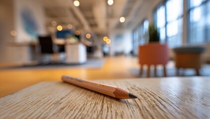 A light peach colored pencil on a light tan wooden surface, with a blurred modern office background