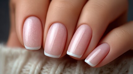 Elegant pink nail design with subtle sparkle and classic white tips demonstrating creative nail art skills