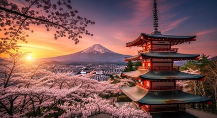 Fototapeta premium Serene Sunrise: Mount Fuji, Cherry Blossoms, and Pagoda