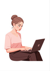 Woman using laptop working remotely on digital device in casual outfit vector illustration 