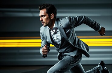 A businessman in a gray suit runs quickly through an urban environment with blurred background and motion lines