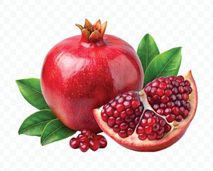 fresh pomegranate with slice and  leaves in different style isolated on transparent background
