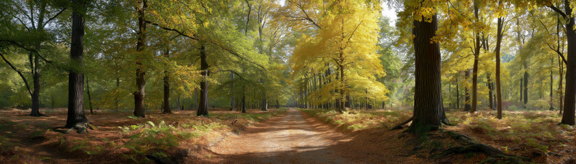 Obraz premium Fake HDR 360 degree panorama of scenic autumn walk in a forest nature landscape tranquil environment