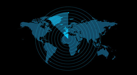 Global technology radar scanning world map, digital data network concept