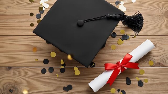 Mortarboard, diploma with red ribbon, & confetti on wood table, top-down angle