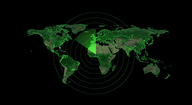 Global radar scan reveals interconnected world illuminated by digital technology and data flow