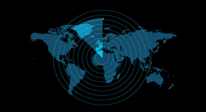 Global technology radar scanning world map, digital data network concept