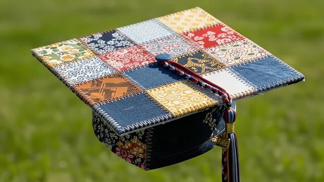 Quilted graduation cap in the sun with multicolored squares and tassel against green