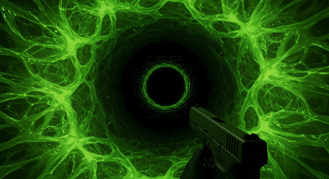 Aiming into hazardous glowing green tunnel, sci-fi action concept
