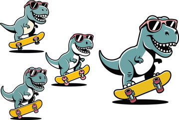 Dinosaurs Skateboarding Fun Cartoon Illustrations