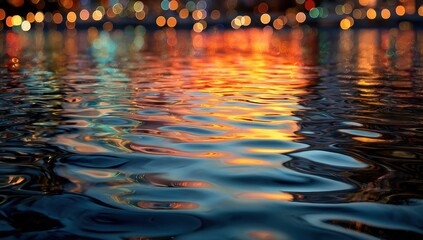 Rippled water reflecting city lights at dusk