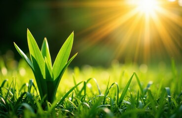 Fresh green plant growing in sunlight with rays shining in the background