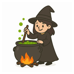 A charming cartoon witch with a pointed hat happily stirs a vibrant green bubbling potion in a large iron cauldron over a crackling firewood fire, evoking a mystical and festive Halloween spirit