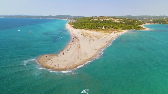 Possidi Cape, Possidi beach, Kassandra Halkidiki, Greece. One of the best amazing places in the world. Incredible clear blue water. Aerial panoramic drone view from above, top view from drone. Summer 
