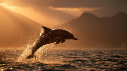 Fototapeta premium Bottlenose dolphin leaping out of the ocean at sunrise with golden sunlight and water droplets in the air creating a dramatic wildlife scene in early morning tropical seascape photography