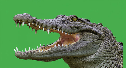 Fototapeta premium Fierce crocodile opens mouth showing sharp teeth, ready to strike, a powerful predator with reptilian scales