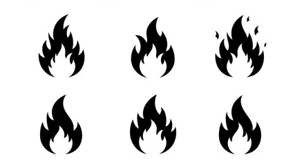 Set of  black fire flame vector icons. Simple flat burning fire silhouette collection. Hot energy symbol for graphic design. Blaze pictogram illustration isolated.