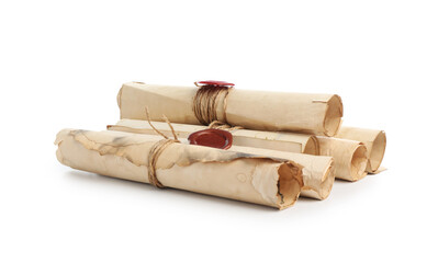 Old rolled paper scrolls isolated on white