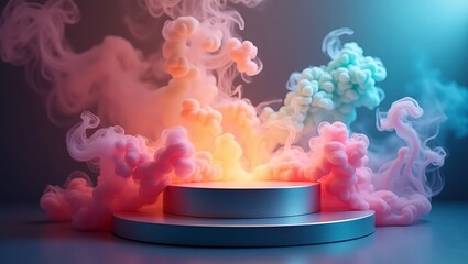 Vibrant colorful smoke wisps erupting from a podium stage