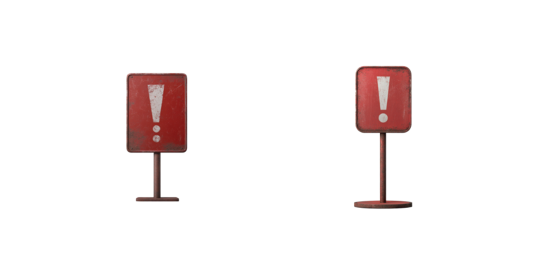 Vintage red warning signs on rusty metal stands